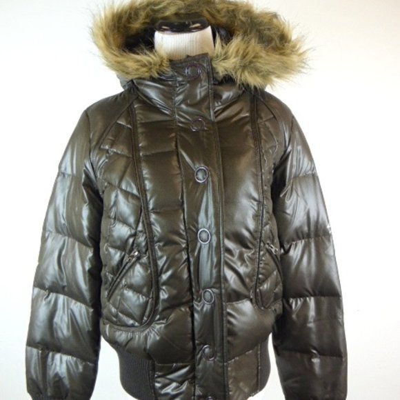 DKNY DONNA KARAN brown PUFFER Down hoodie JACKET faux fur zipS